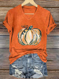 Women's Autumn Hand-Painted Pumpkin Casual Print T-Shirt