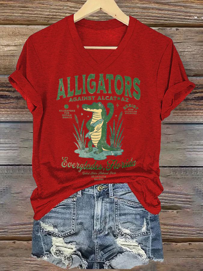 Women's Fashion Casual Retro Crocodile Island Resistance Fdt Print T-Shirt
