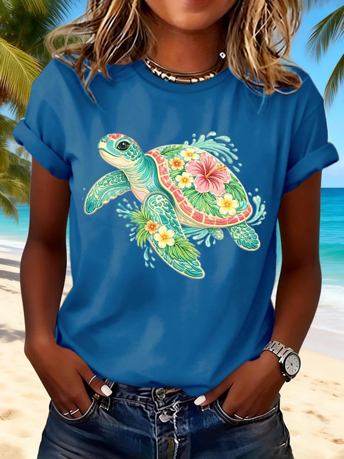 Retro Vacation Beach Colorful Sea Turtle Floral Print T-Shirt