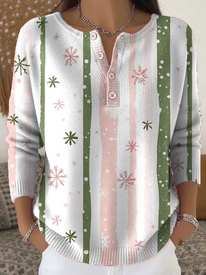 Women's Christmas Print Knit Button Top
