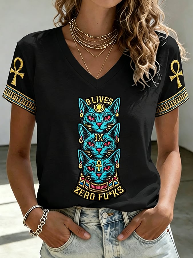 Women's Retro 9 Lives Zero Fu*ks Print V Neck T-shirt