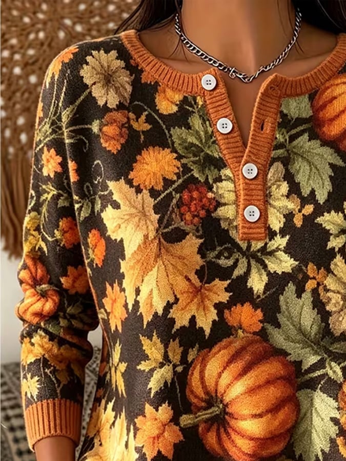Women's Casual Henley Collar Autumn Print Shirt