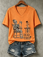 Women's Halloween Dead Tired Print V Neck T-Shirt