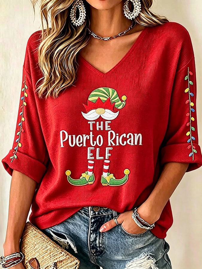 Women's Casual Puerto Rico Christmas Printed Waffle Top