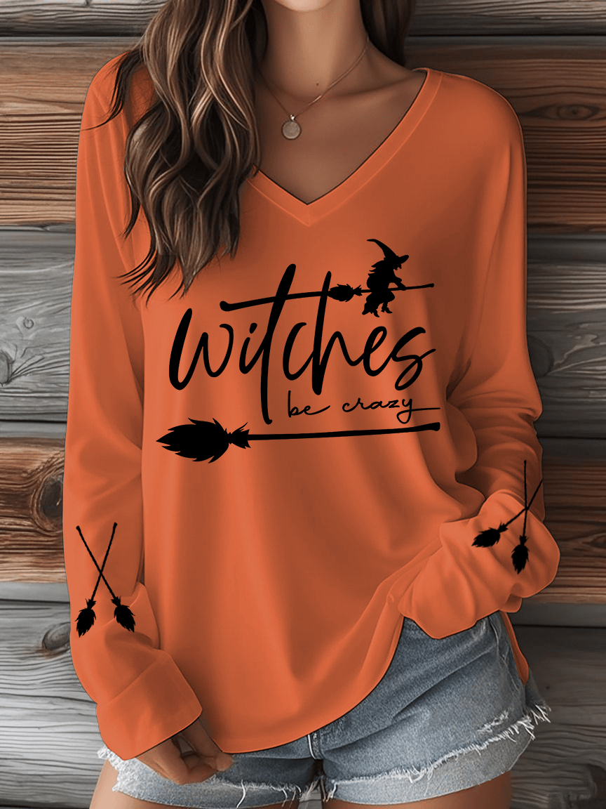 Women's Witch Be Crazy Print V-Neck Long Sleeve T-Shirt
