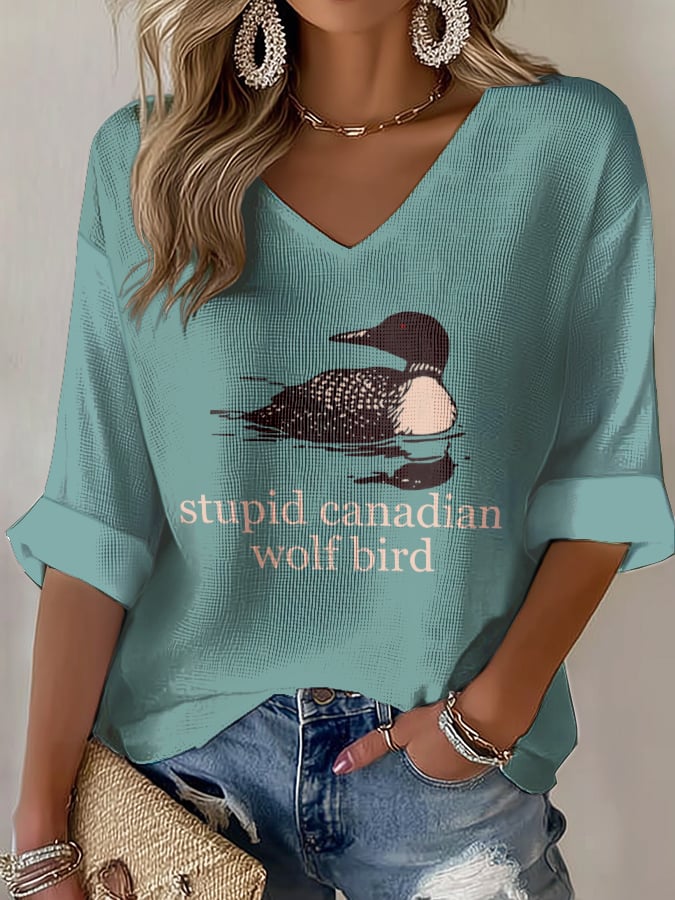 Women's Long-Sleeved V-Neck Casual Printed Top