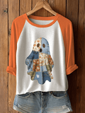 Women's Autumn Spliced Ghost Printed T-Shirt