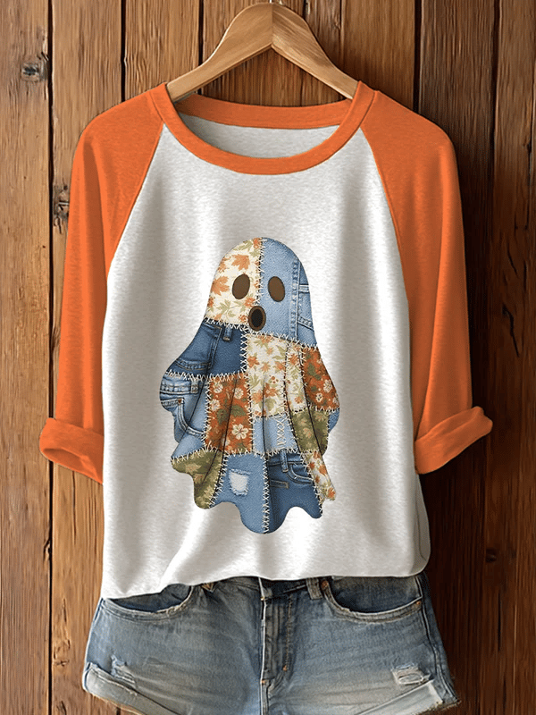 Women's Autumn Spliced Ghost Printed T-Shirt