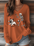 Women's Halloween French Bulldog Print V-Neck Long Sleeve T-Shirt