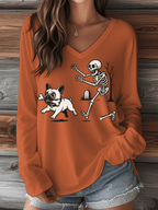 Women's Halloween French Bulldog Print V-Neck Long Sleeve T-Shirt