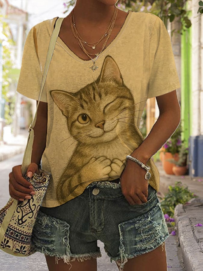 Women's Cute Animal Cat Print Short Sleeve T-Shirt
