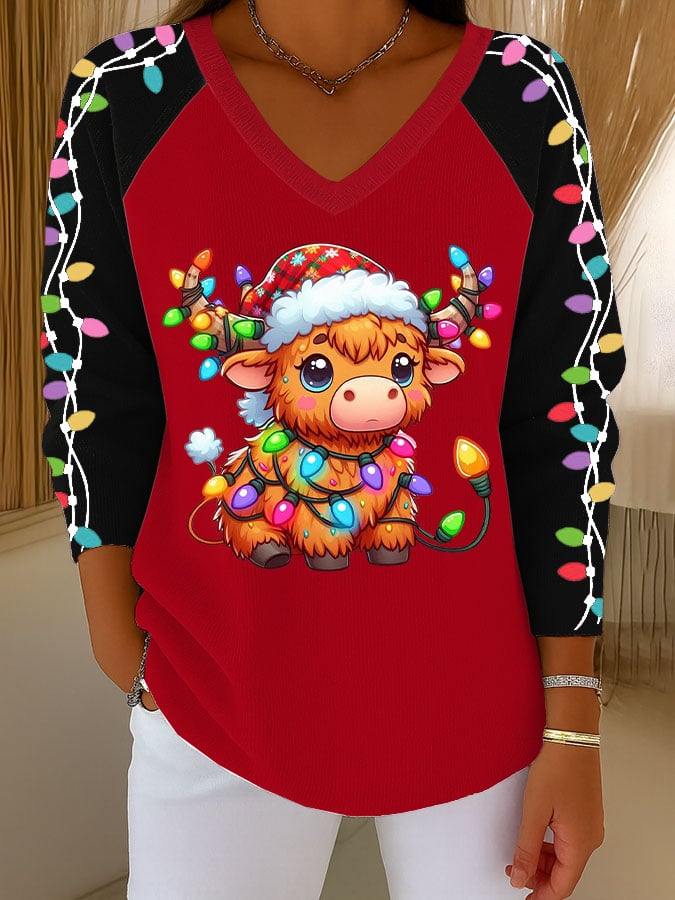 Women's Retro Fun Christmas Highland Cow Light String Print Top