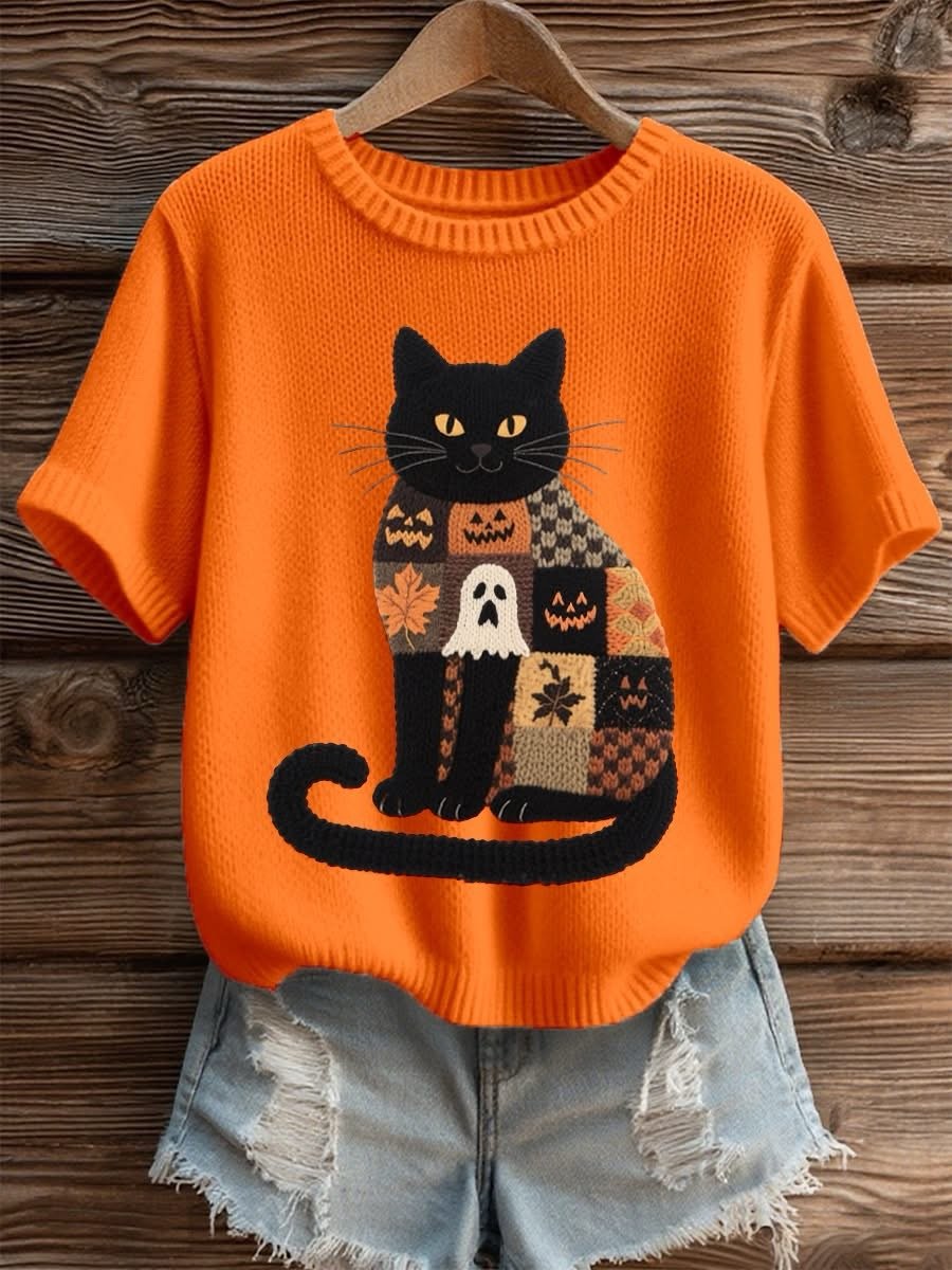 Women's Halloween Pumpkin Cat Knit Top
