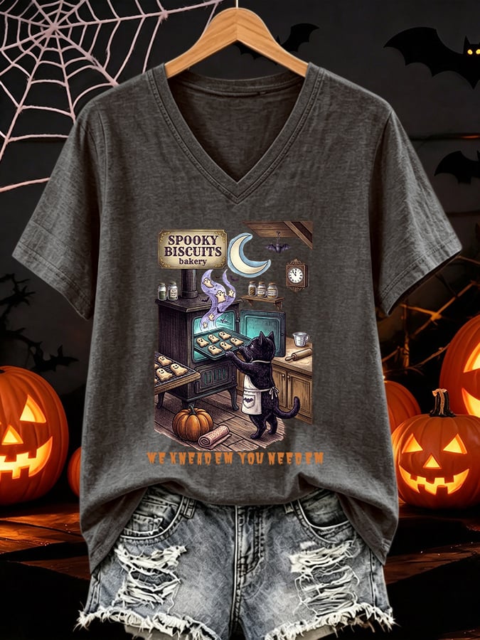V-Neck Retro Halloween Cat Baking Pumpkin Ghost Spooky Biscuits Bakery  We Knead Em You Need Em Print T-Shirt