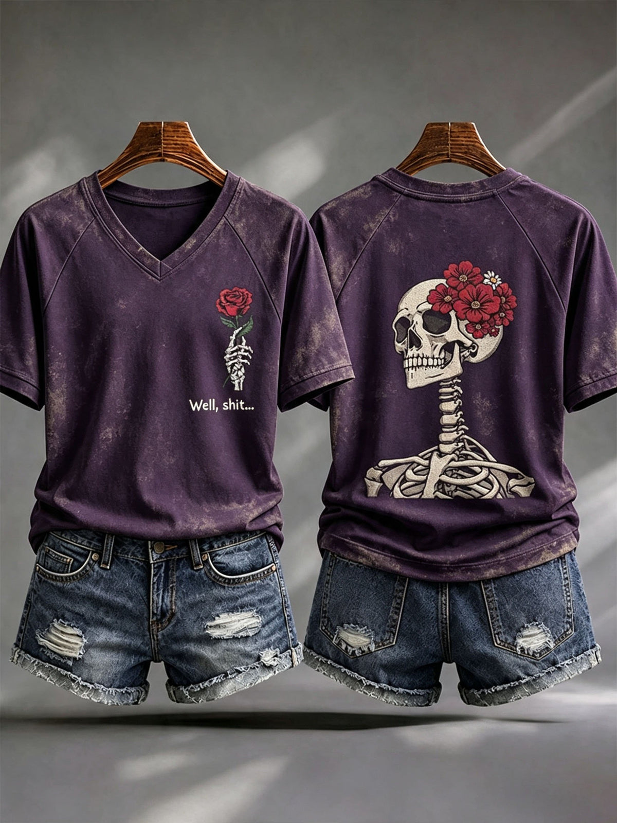 Women's Retro Halloween Well, Shit... Print V Neck T-Shirt