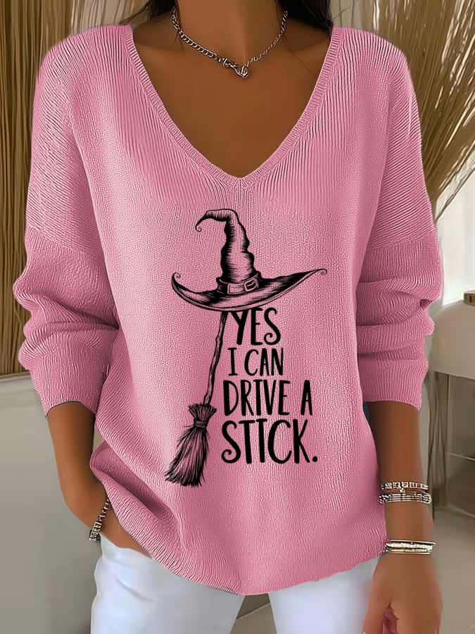 Women'S Witch "Yes I Can Drive A Stick"  Print Drop Shoulder Sweater