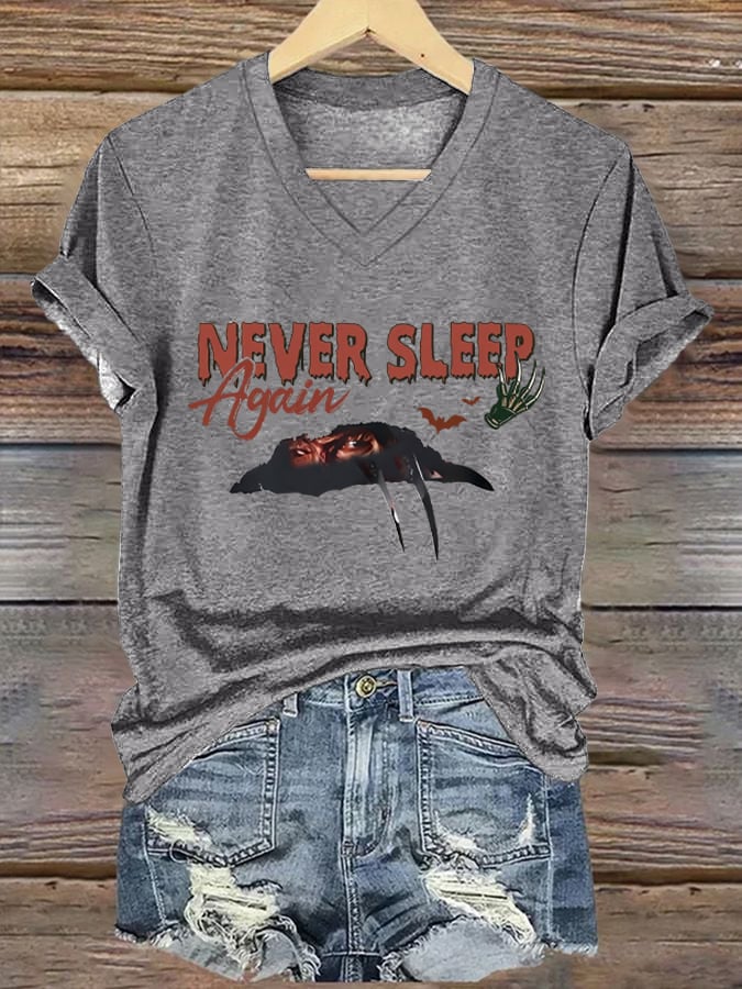 Women's Halloween Horror Nightmare Print V-Neck T-Shirt