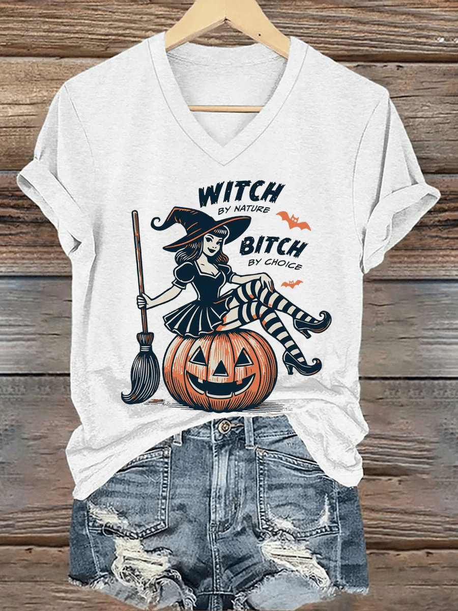 Women's  Witch by Nature Bitch by Choice Halloween Printed T-Shirt