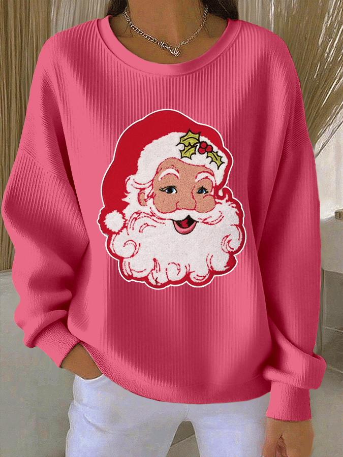 Women's Santa Claus Print Knitted Crew Neck Long Sleeve Top