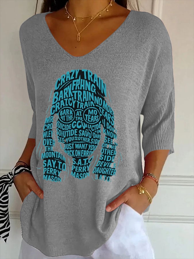 Women's Vintage Electric Rock Legend Print V-Neck T-Shirt