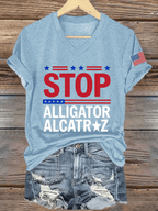 Women's Stop Alligator Alcatraz Print V-Neck T-Shirt