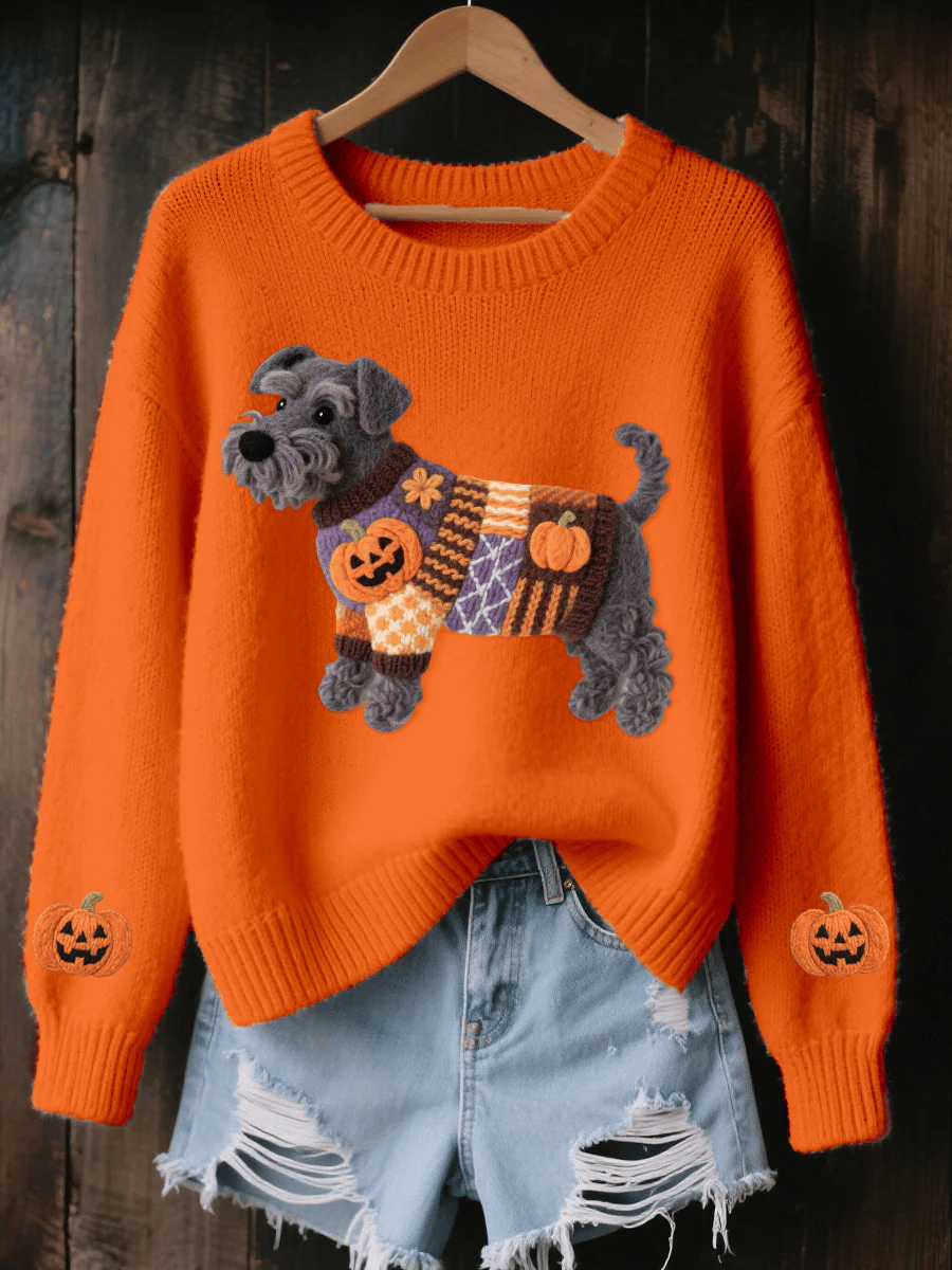 Women's Casual Halloween Schnauzer Puppy Art Print Sweater