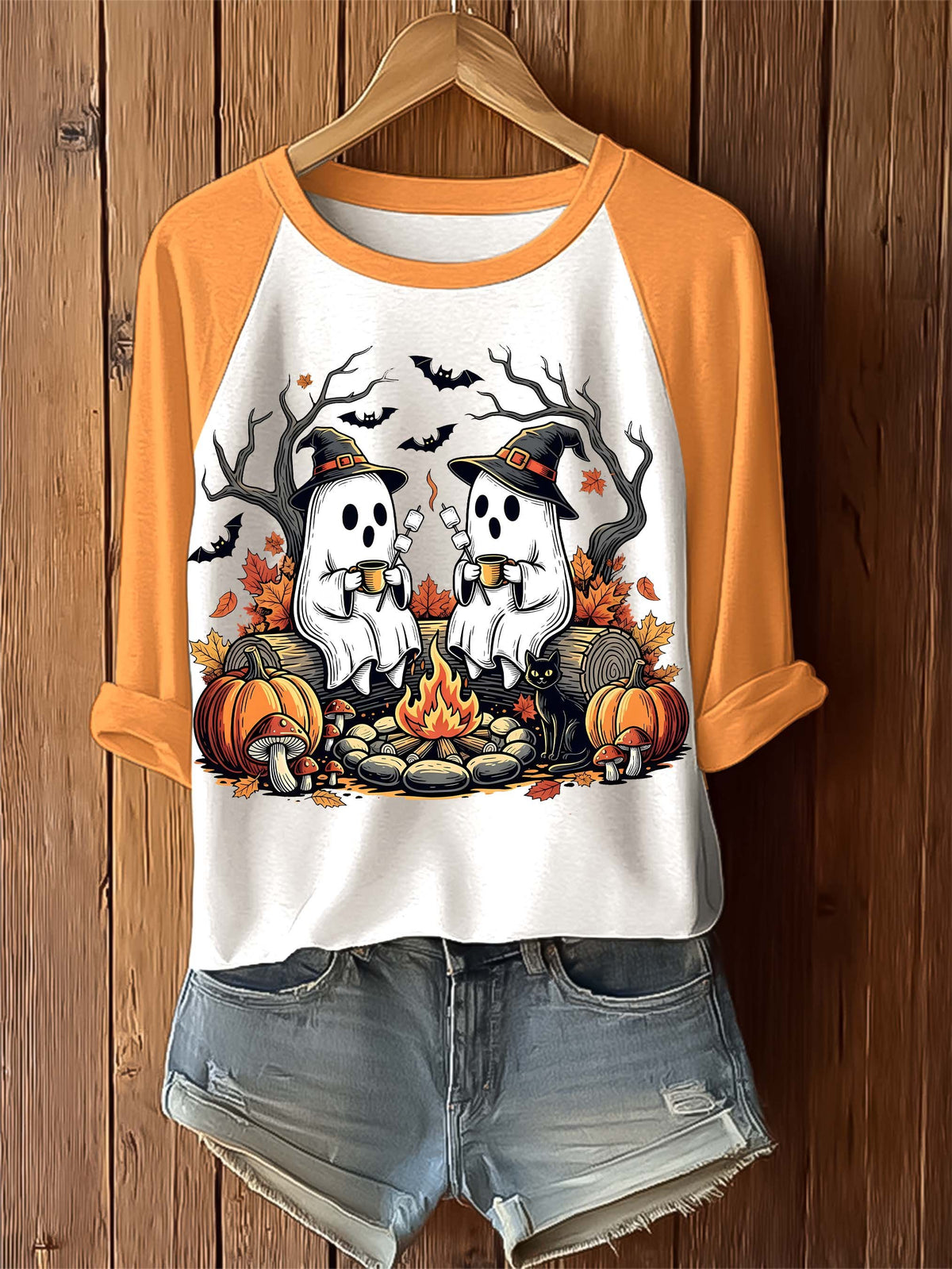 Funny Halloween Ghost Printed Raglan T-shirt