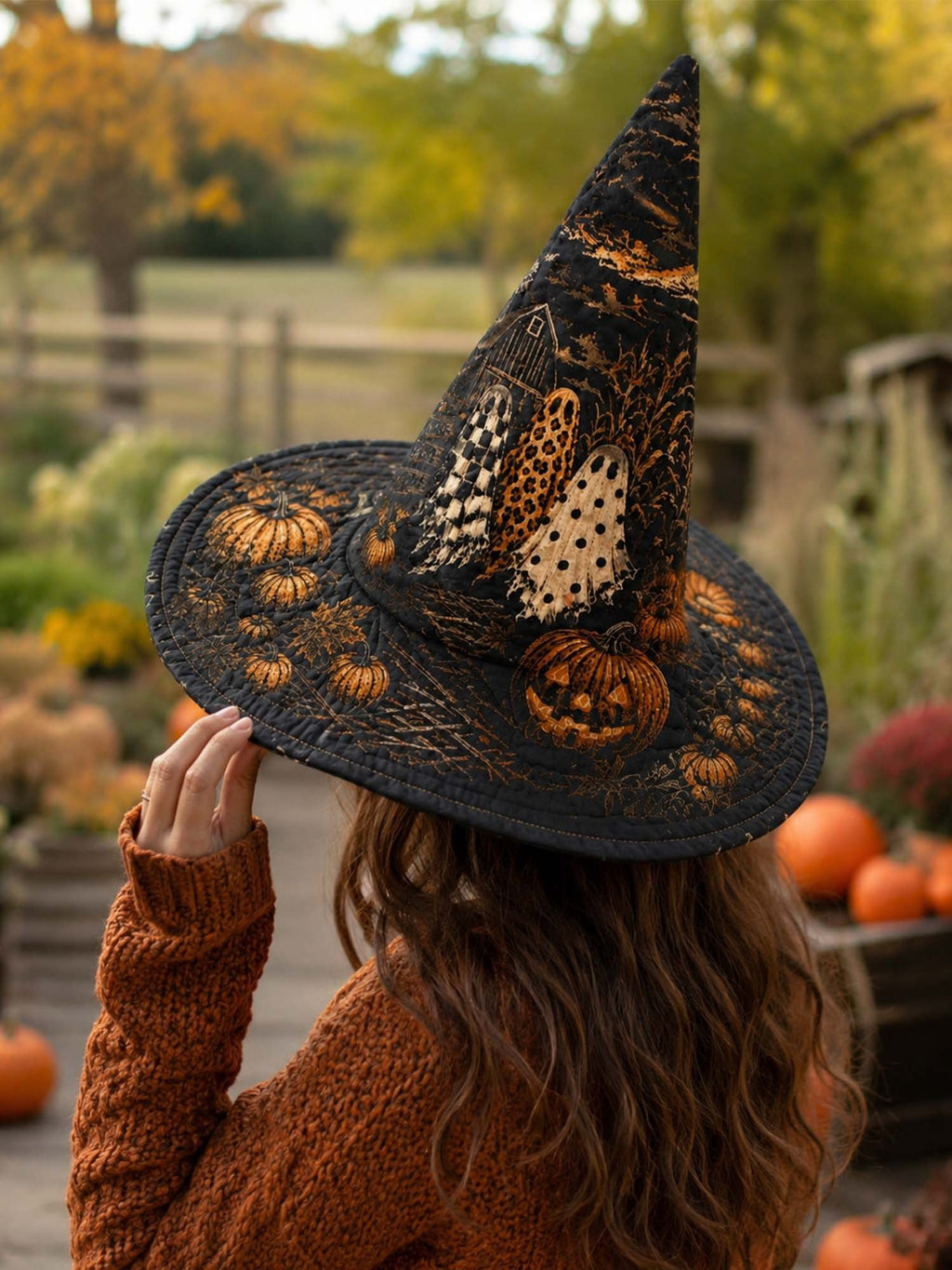 Gothic Halloween Haunted House Pumpkin Handmade Quilted Witch Hat