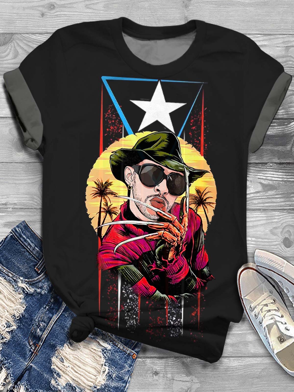 Puerto RIco Boricua Singer Halloween Printed Crew Neck T-shirt