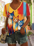 Women’s Retro Funny Cat Print V-Neck T-Shirt