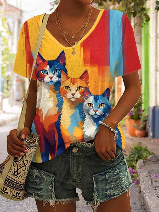 Women’s Retro Funny Cat Print V-Neck T-Shirt