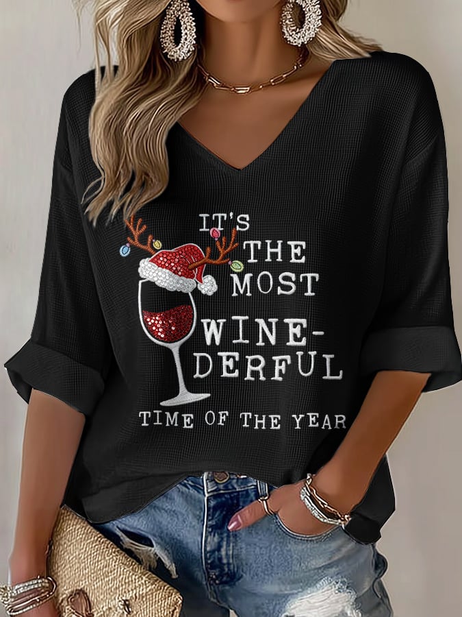 Women's Casual It's The Most Wine-Derful Time Of The Year Waffle T-Shirt