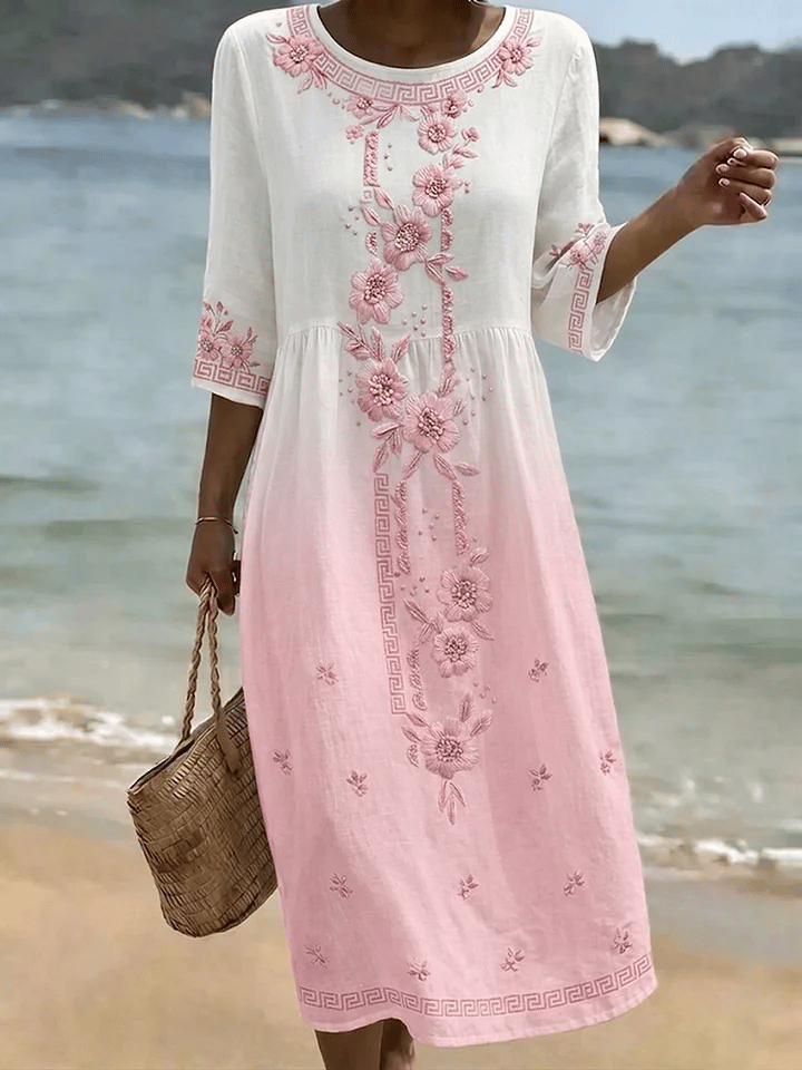 Women's Casual Solid Color Round Neck Mid-Sleeve Floral Print Cotton Linen Dress