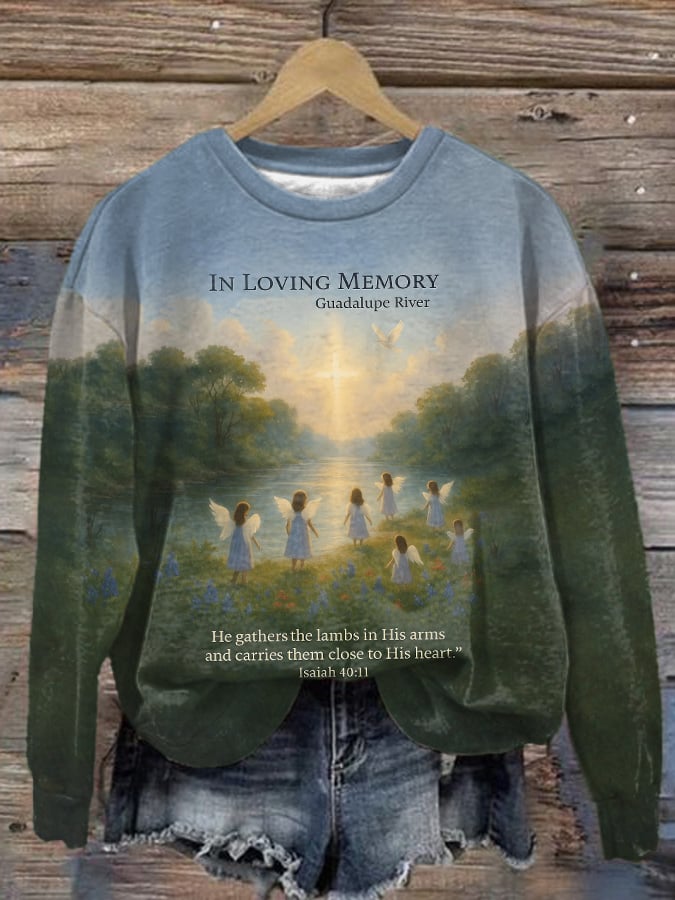 Retro In Loving Memory Guadalupe River He Gathers The Lambs In His Arms And Carries Them Close To His Hear Isaiah 40:11 Print Sweatshirt