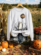 Retro Halloween Pumpkin Ghost Horror Print Sweatshirt