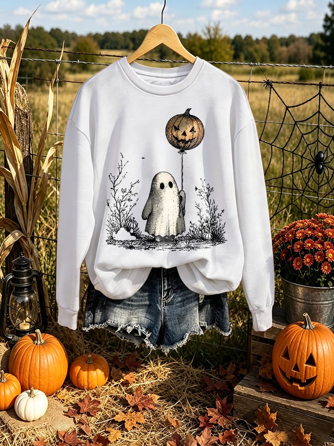 Retro Halloween Pumpkin Ghost Horror Print Sweatshirt