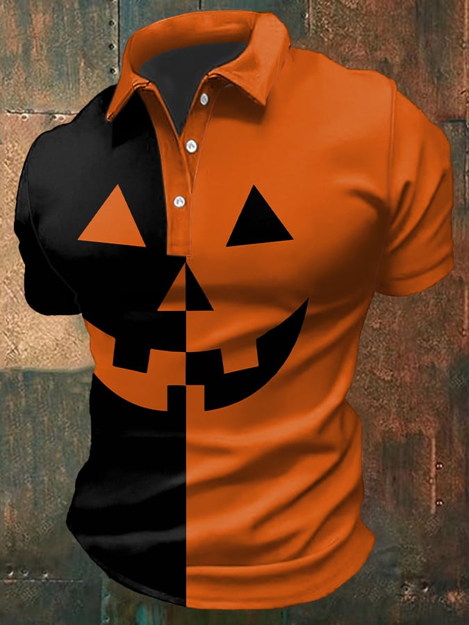 Men's Casual Pumpkin Print Polo Shirt