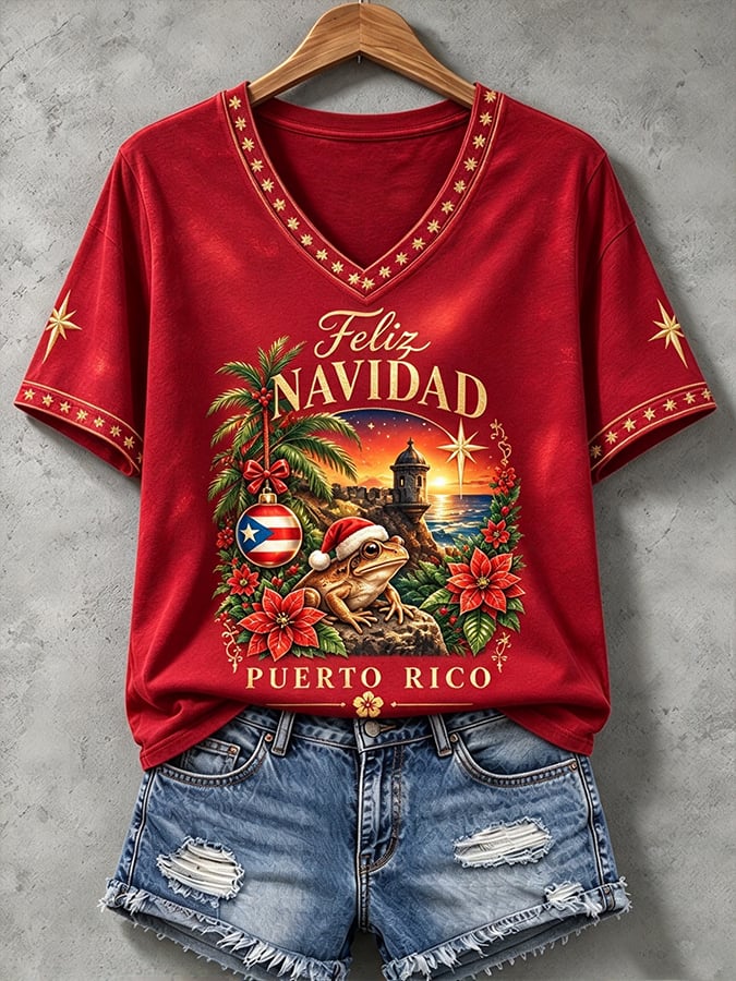 Women's Puerto Rico Christmas Print Casual T-shirt