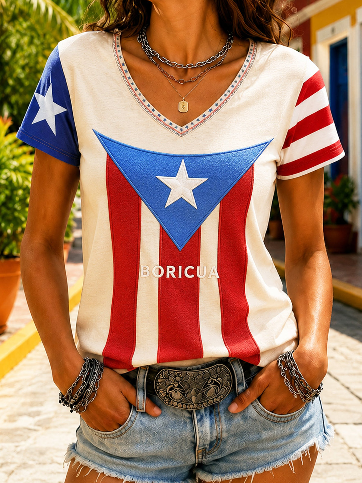 Women's Puerto Rican Print V-Neck Top