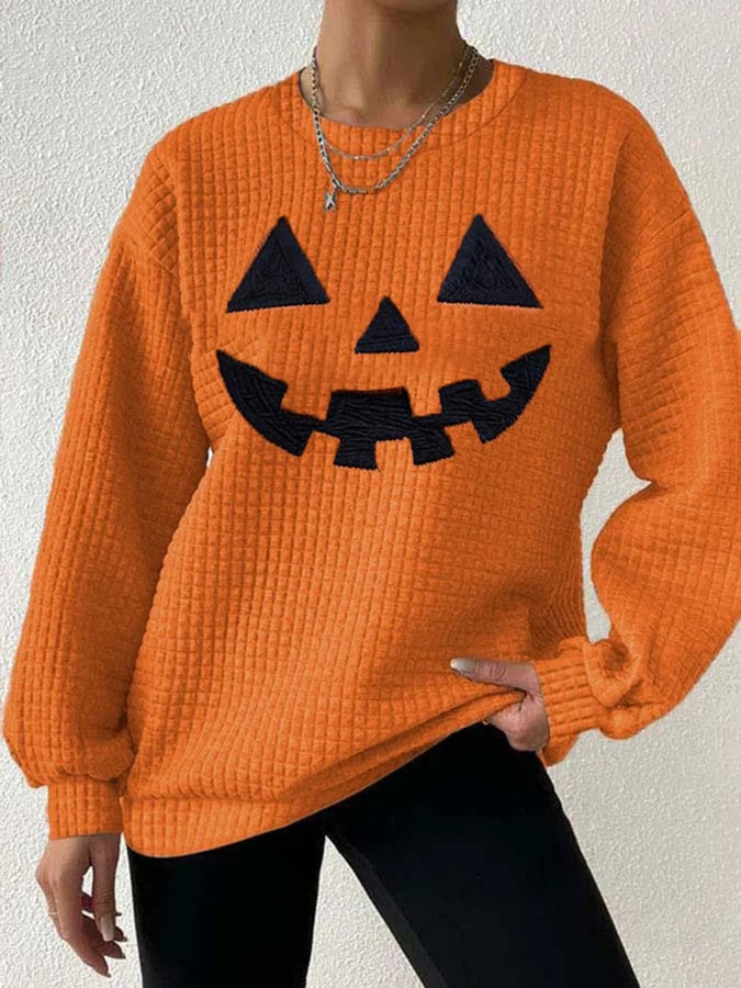 Women's Casual Autumn Maple Leaf Pumpkin Checkered Sweatshirt