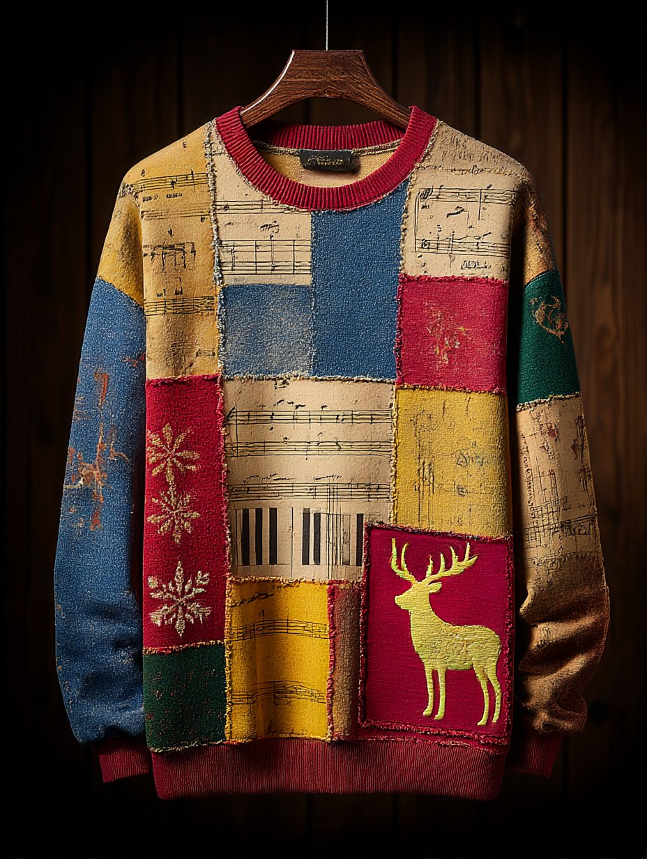 Men's Retro Casual Musical Note Christmas Party Art Sweatshirt