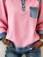 Women's Casual Henley Neck Waffle Panel Top