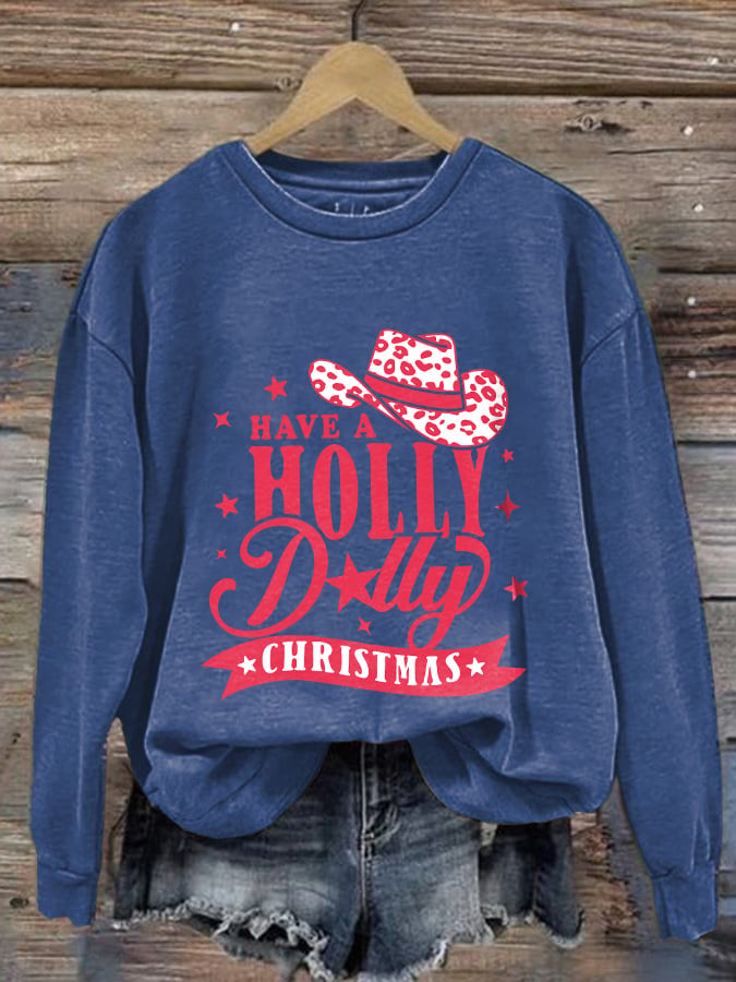 Retro Western Leopard Christmas Cowgirl Have A Holly Christmas Print Sweatshirt