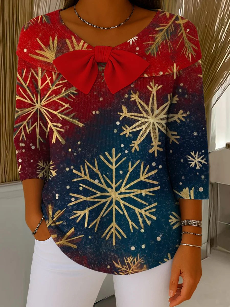 Women's Christmas Print Round Neck 3/4 Sleeve Casual Pullover Sweater