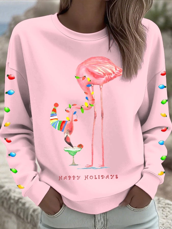 Women's Christmas Flamingo Light String Print Sweatshirt