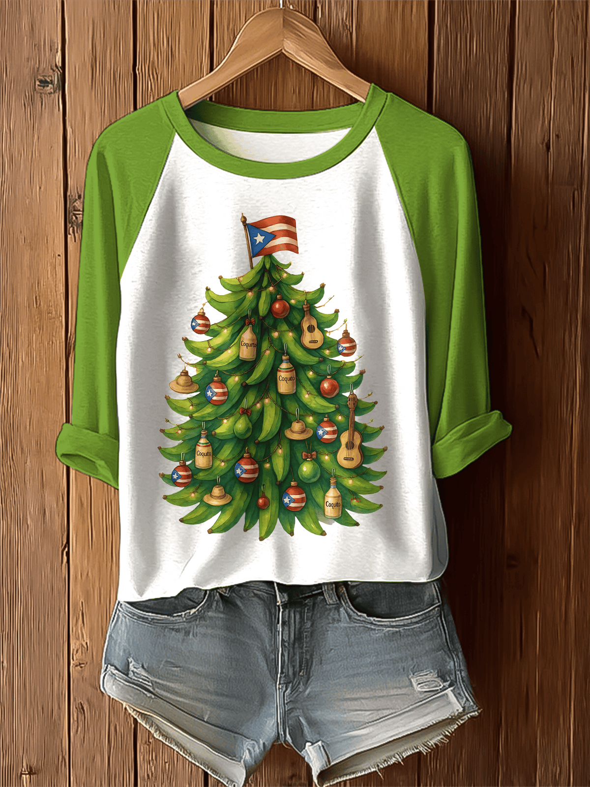 Puerto Rican Christmas Tree Printed Raglan Top