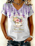 Women's Whistledown Tea House Spilling The Tea Print V Neck T-shirt