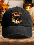 Retro Halloween Cat Baking Pumpkin Ghost Spooky Biscuits Bakery We Knead Em You Need Em Print Baseball Cap