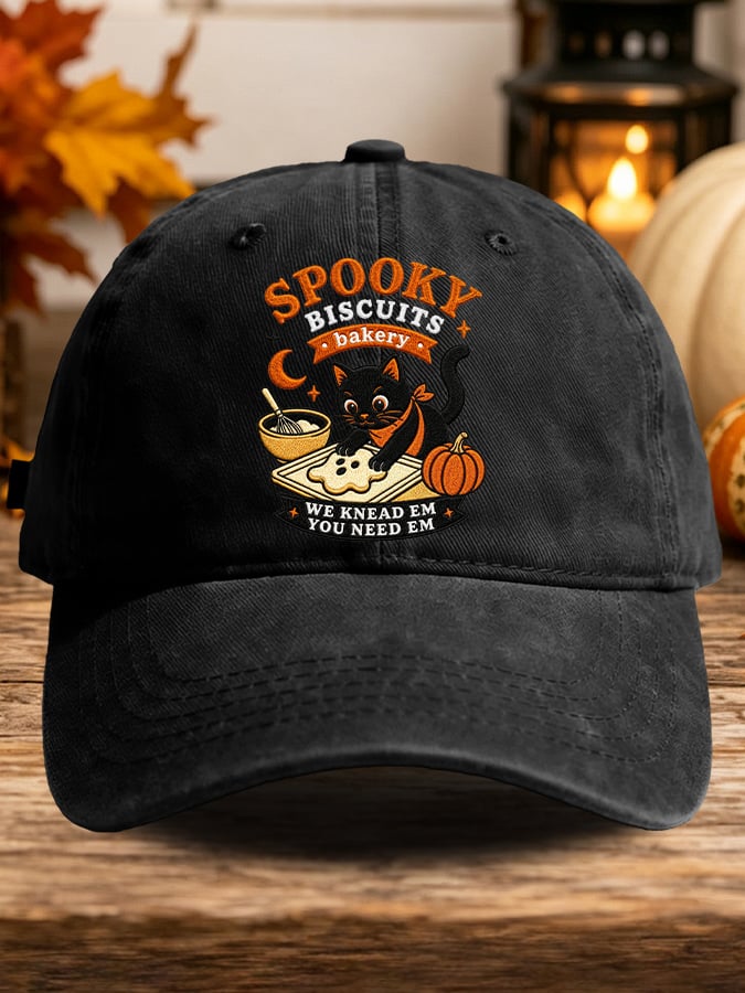 Retro Halloween Cat Baking Pumpkin Ghost Spooky Biscuits Bakery We Knead Em You Need Em Print Baseball Cap