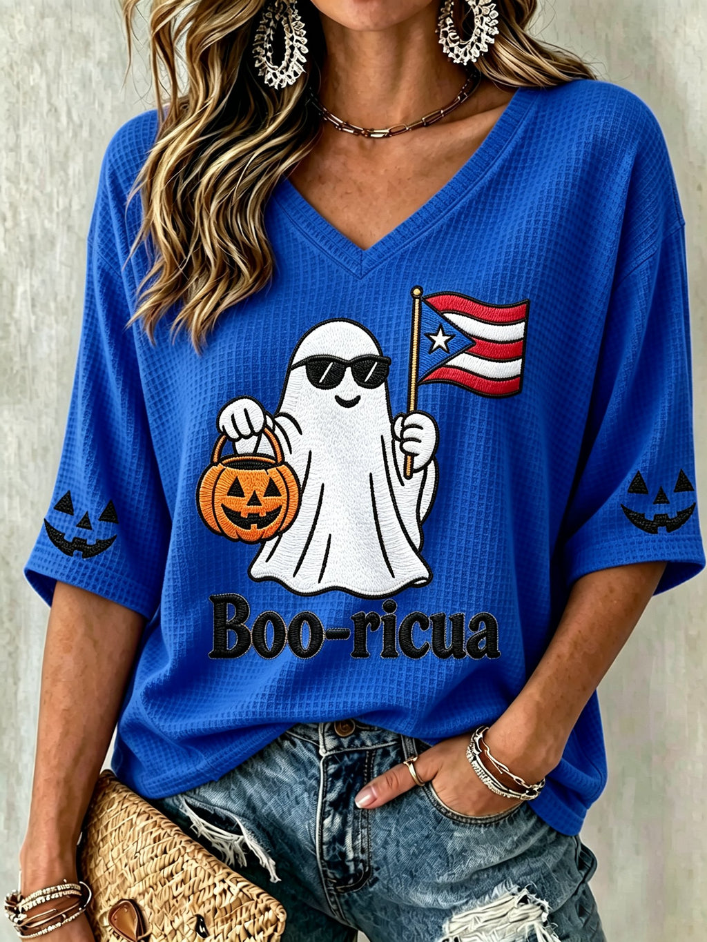 Women's Halloween In Puerto Rico Print Waffle-Knit Top